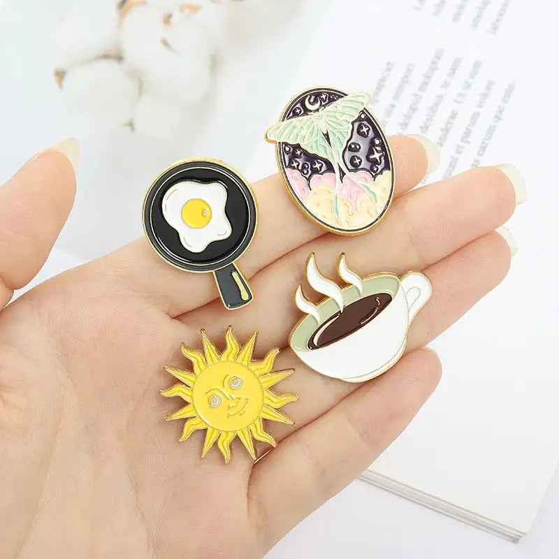 Clock Fried Egg Coffee Sun Dinosaur Enamel Pin