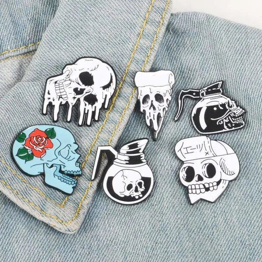 Gothic Skeleton enamel pin Rose Skull Coffee Pot Pizza badge